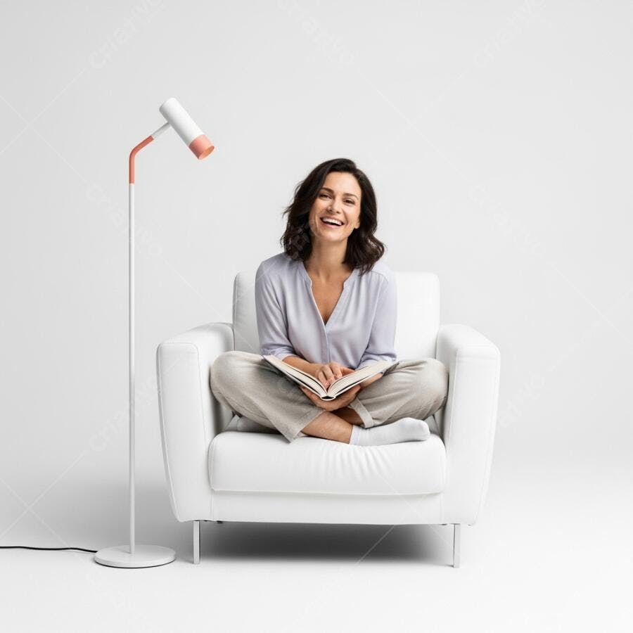 Foto Mulher Sorrindo Lendo Livro Poltrona Branca Estúdio