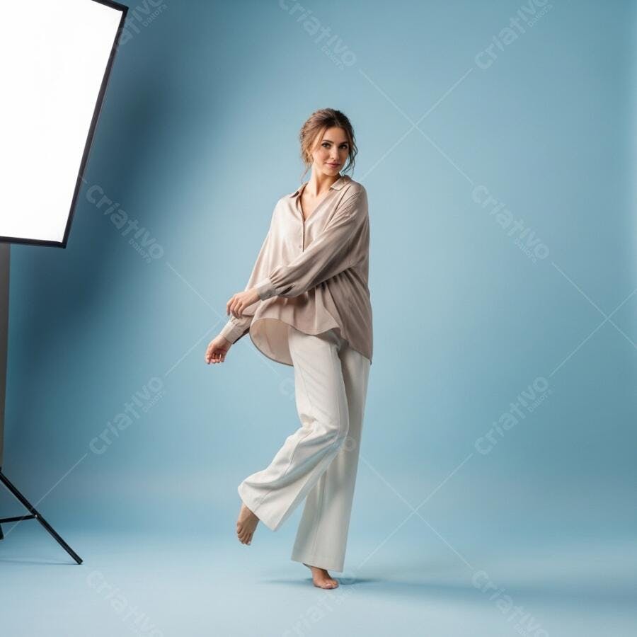 Foto Mulher Jovem Sorrindo Posa Estúdio Fundo Azul