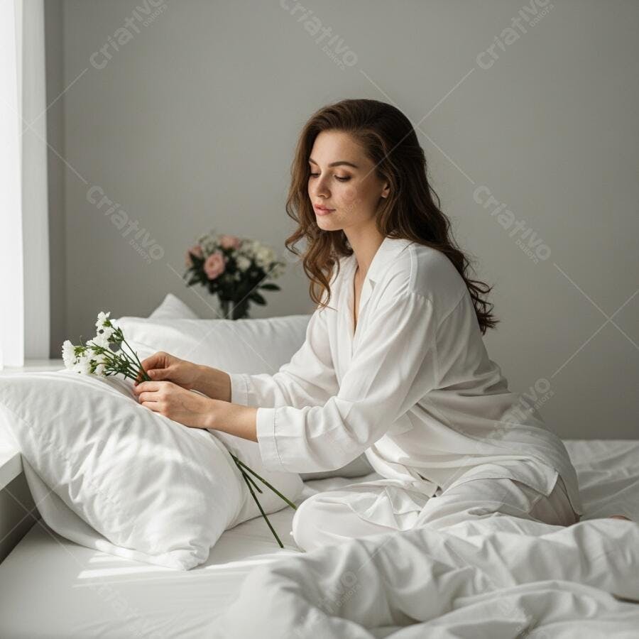 Foto Mulher Jovem Relaxando na Cama com Flores Manhã