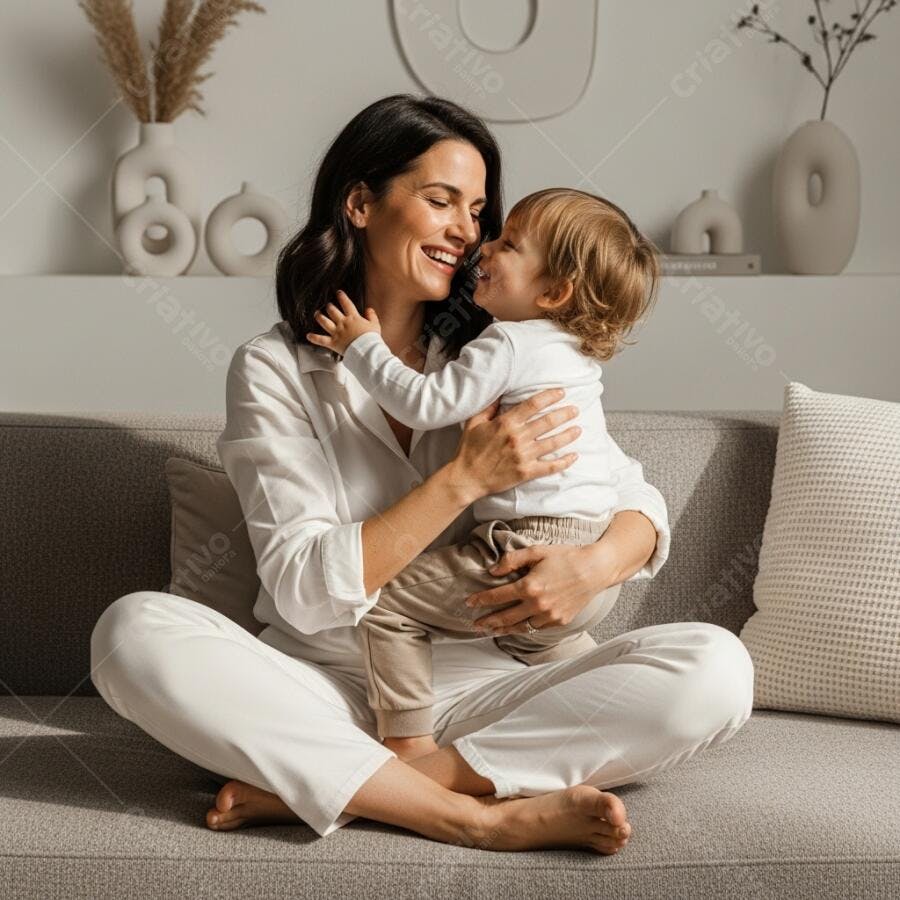 Foto Mãe e Bebê Sorrindo Abraçados Sofá em Casa Lifestyle