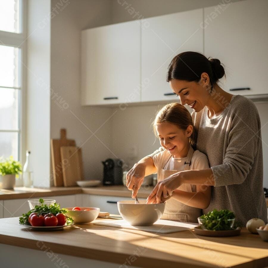 Foto Mãe e Filha Cozinhando Juntas na Cozinha Moderna