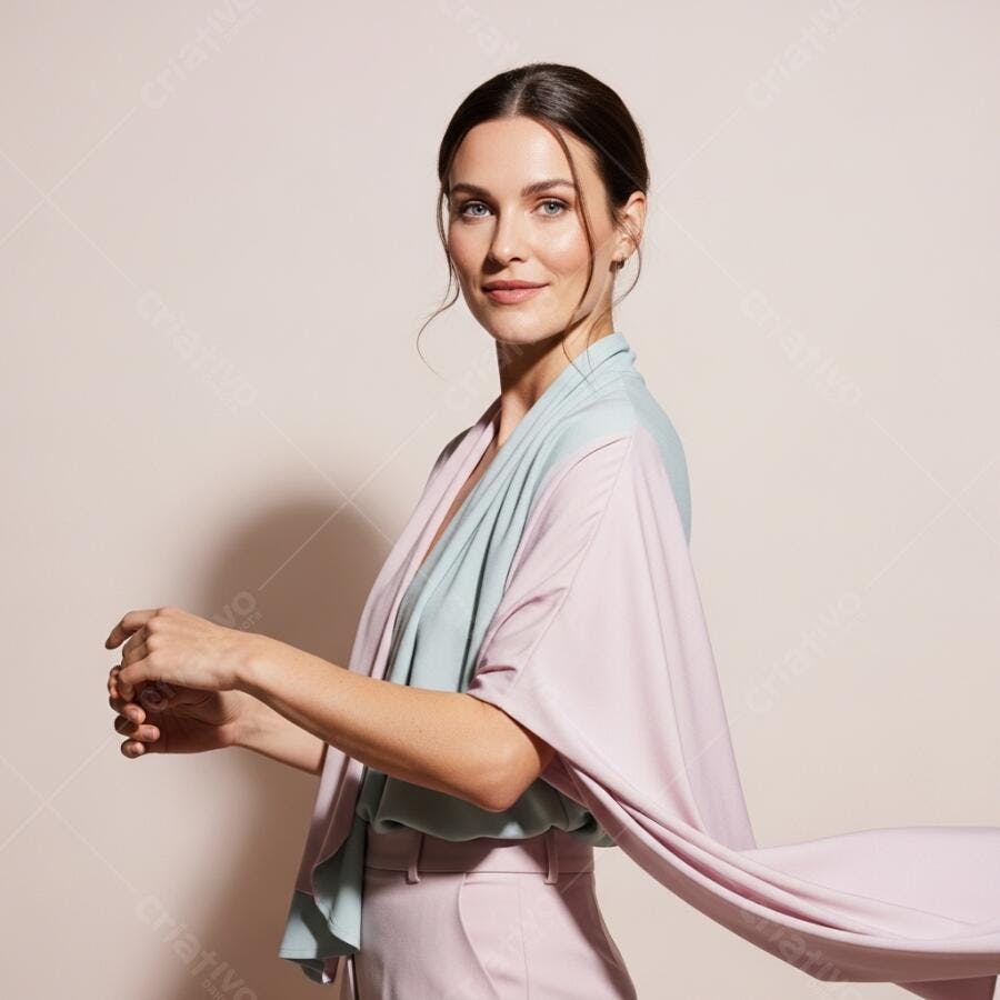 Foto Retrato Mulher Jovem Elegante Posa com Tecido Leve