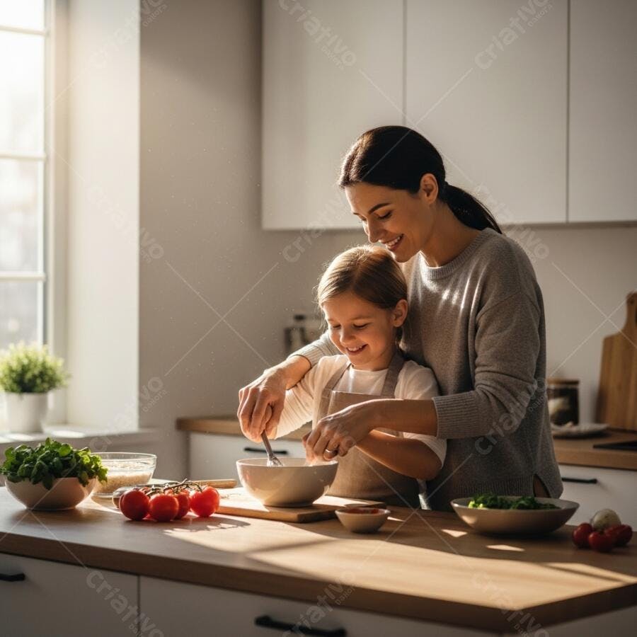 Foto Mãe e Filha Cozinhando Juntas Cozinha Moderna Ensolarada