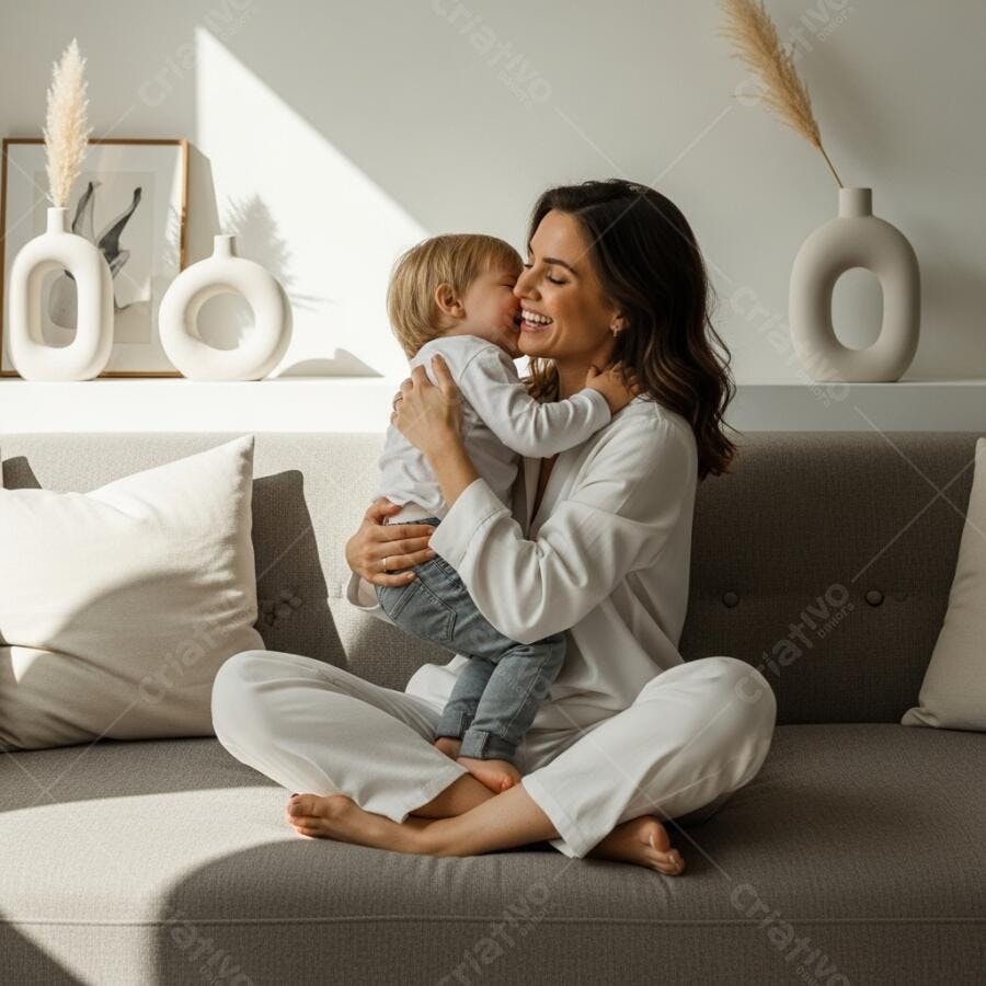 Foto Mãe e Bebê Abraçados no Sofá Lifestyle