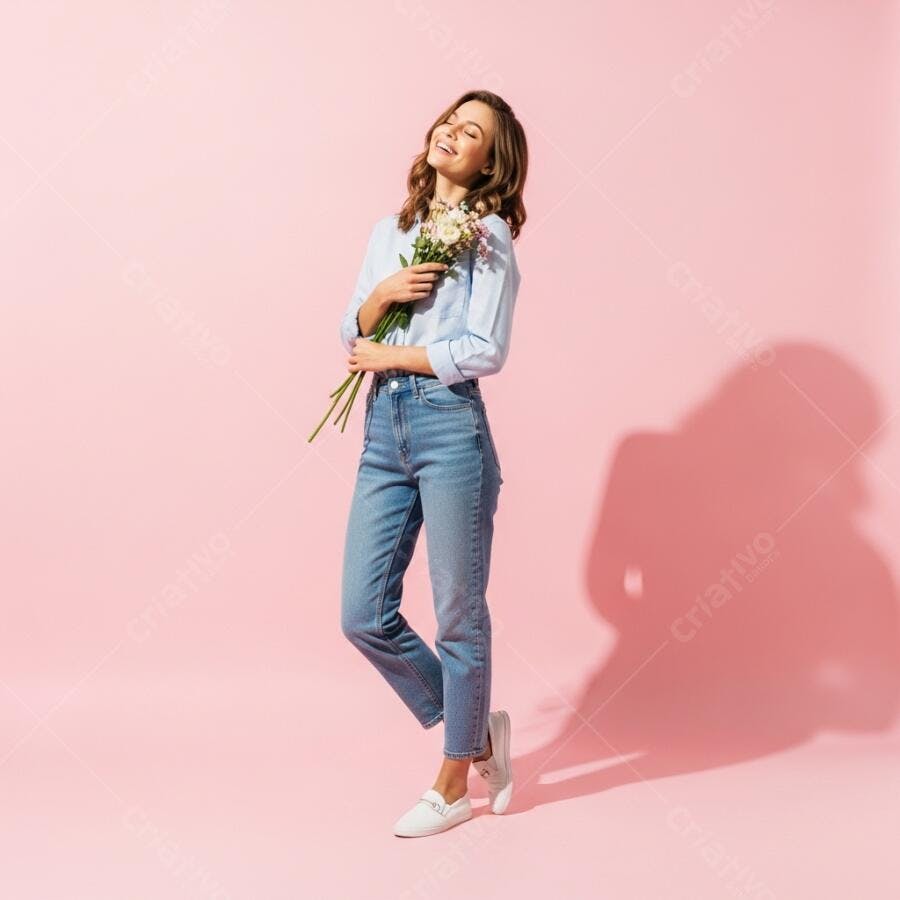 Foto Mulher Jovem Sorrindo Segurando Flores Fundo Rosa Estúdio
