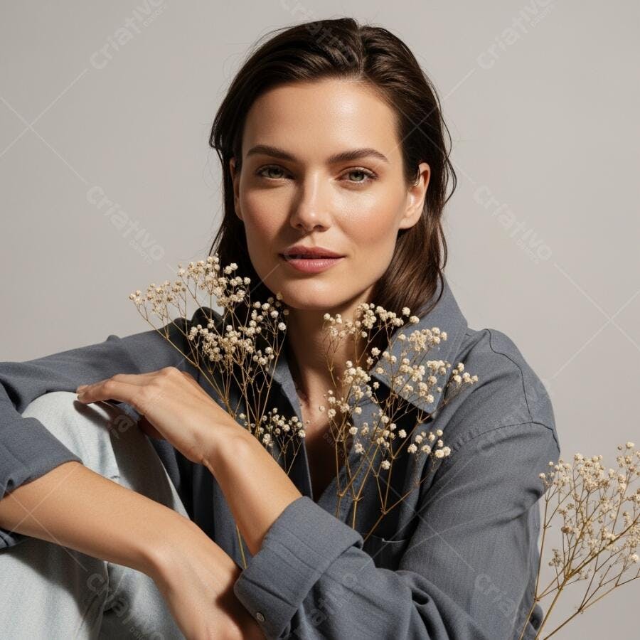 Foto Retrato Mulher Jovem Flores Gipsofila Fundo Cinza Estúdio