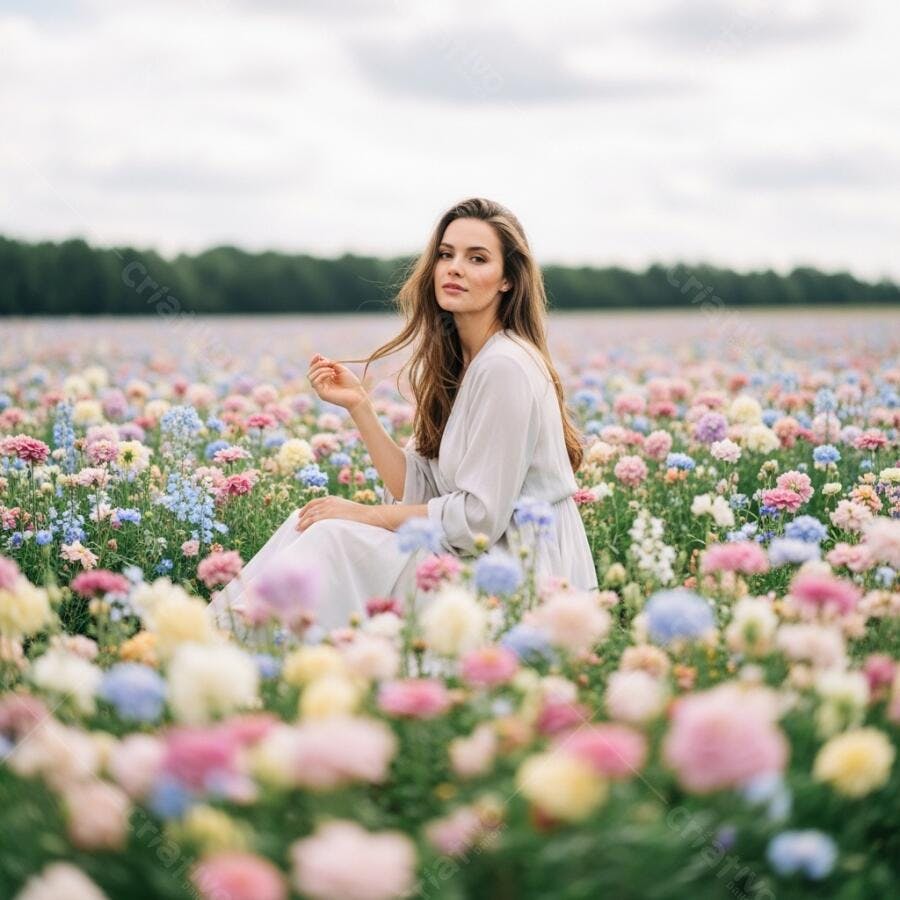 Foto Mulher Jovem Sentada Campo Flores Coloridas Primavera