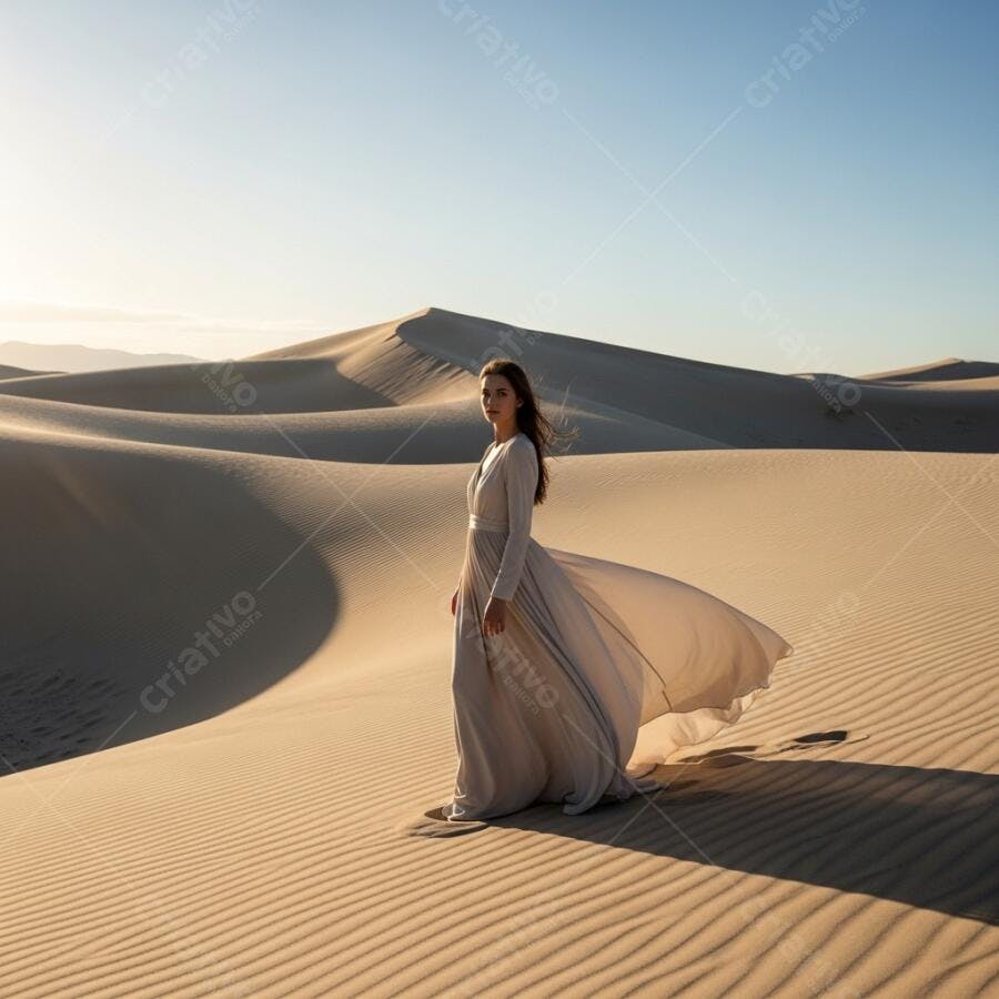 Foto Mulher Vestido Longo Deserto Dunas Areia Dourada