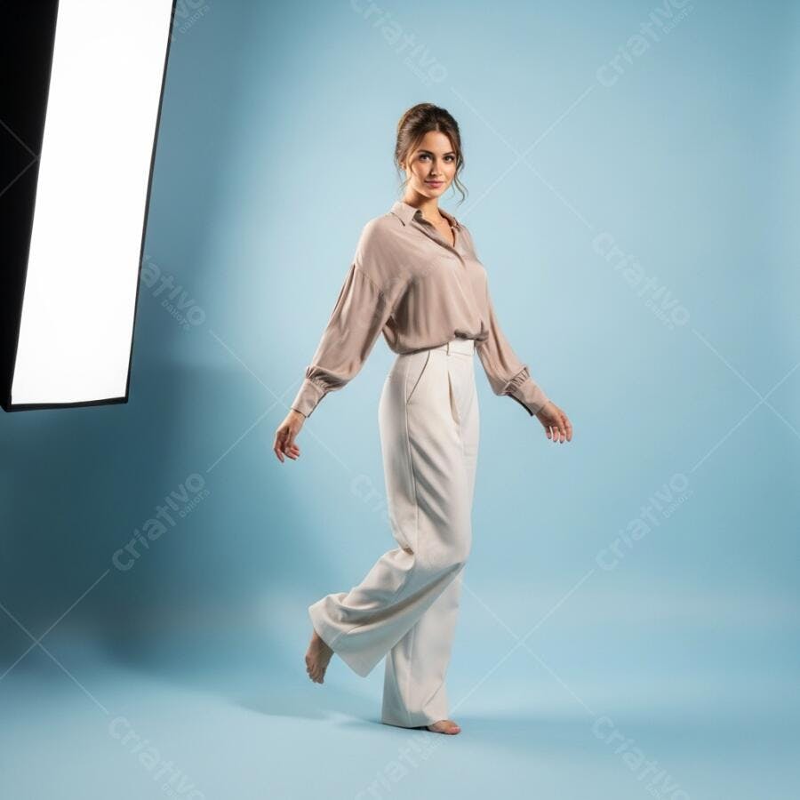 Foto Mulher Jovem Posa Estúdio Fundo Azul Iluminação Profissional