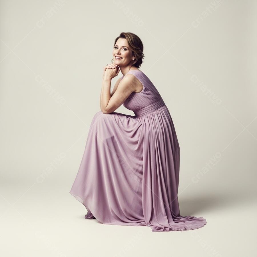 Foto Mulher Sorrindo Vestido Roxo Elegante Estúdio