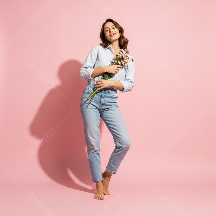 Foto Mulher Jovem Sorrindo Segurando Flores Fundo Rosa Estúdio