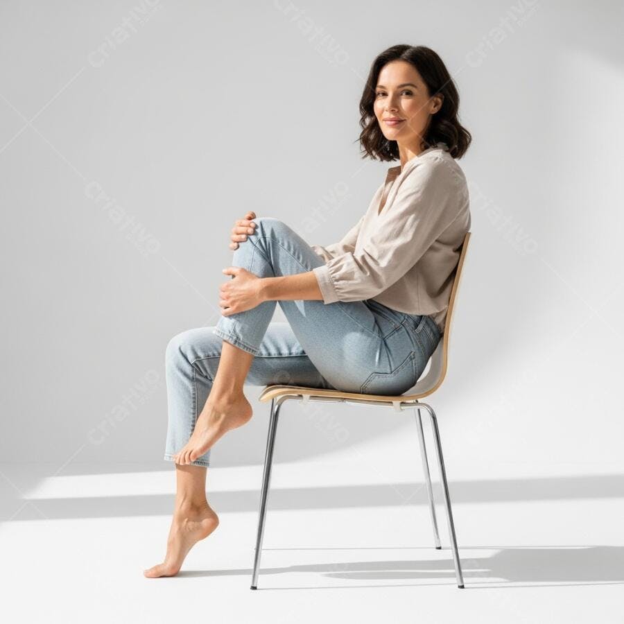 Foto Mulher Sorrindo Sentada Cadeira Fundo Branco Estúdio