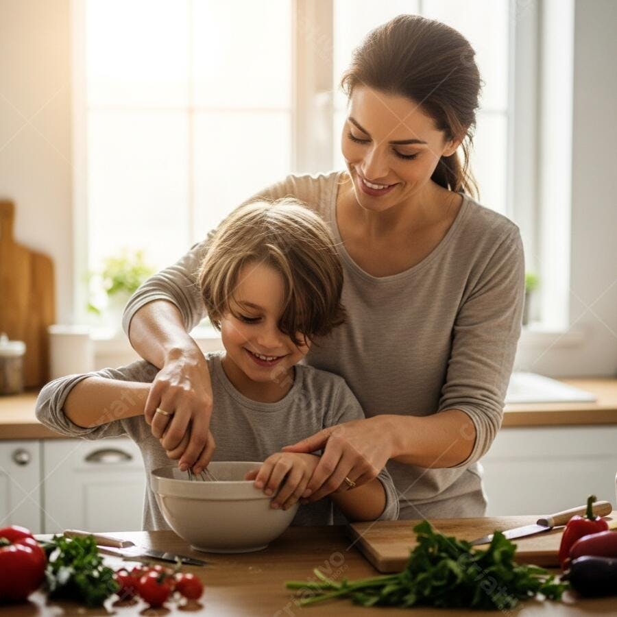 Foto Mãe e Filho Cozinhando Juntos na Cozinha Doméstica