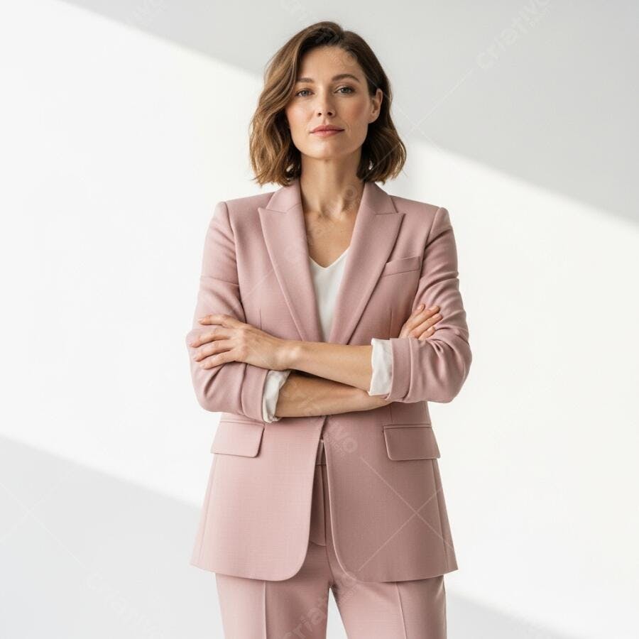 Foto Mulher Profissional Terno Rosa Braços Cruzados Fundo Neutro