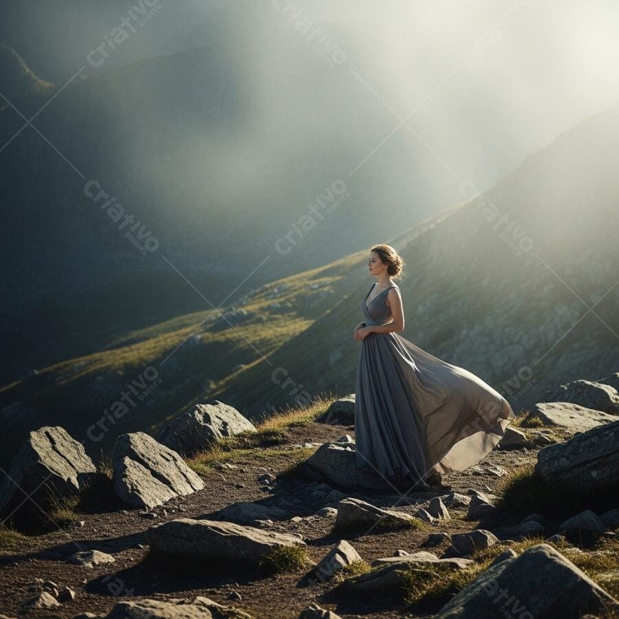 Foto Mulher Vestido Longo Montanha Iluminada Pelo Sol