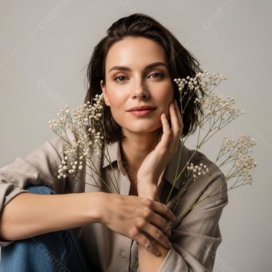 Foto Retrato Mulher Jovem Segurando Flores Brancas Delicadas