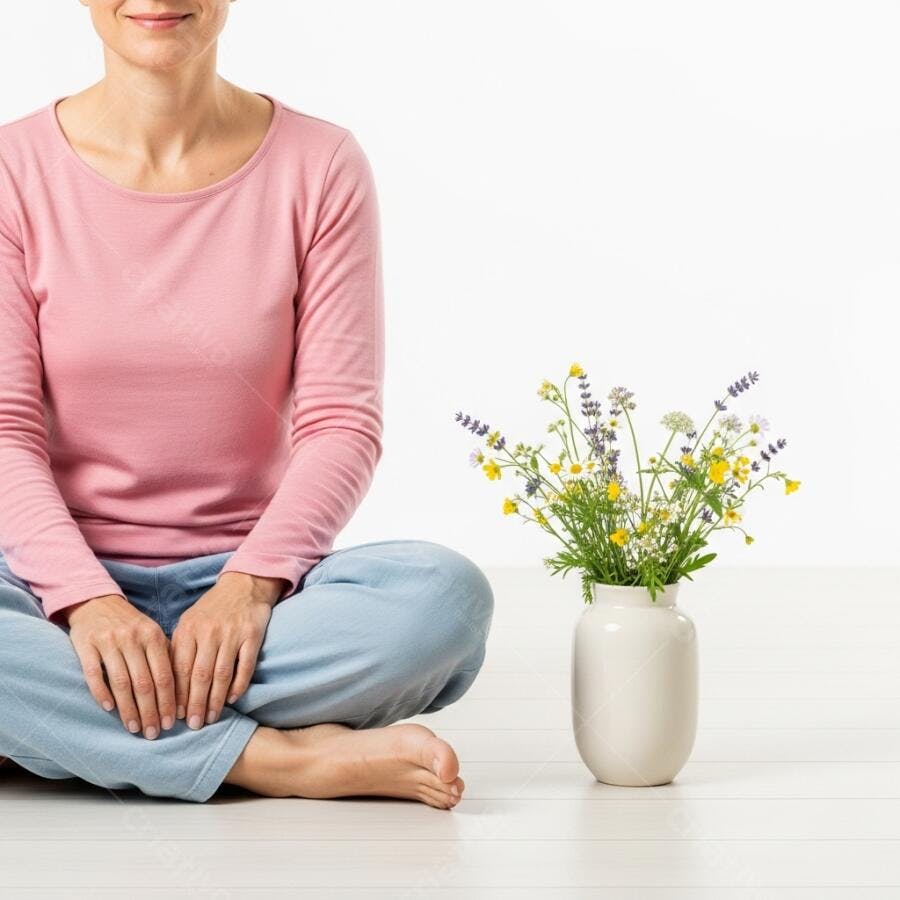Foto Mulher Meditando Posição Lótus Flores Vaso Branco