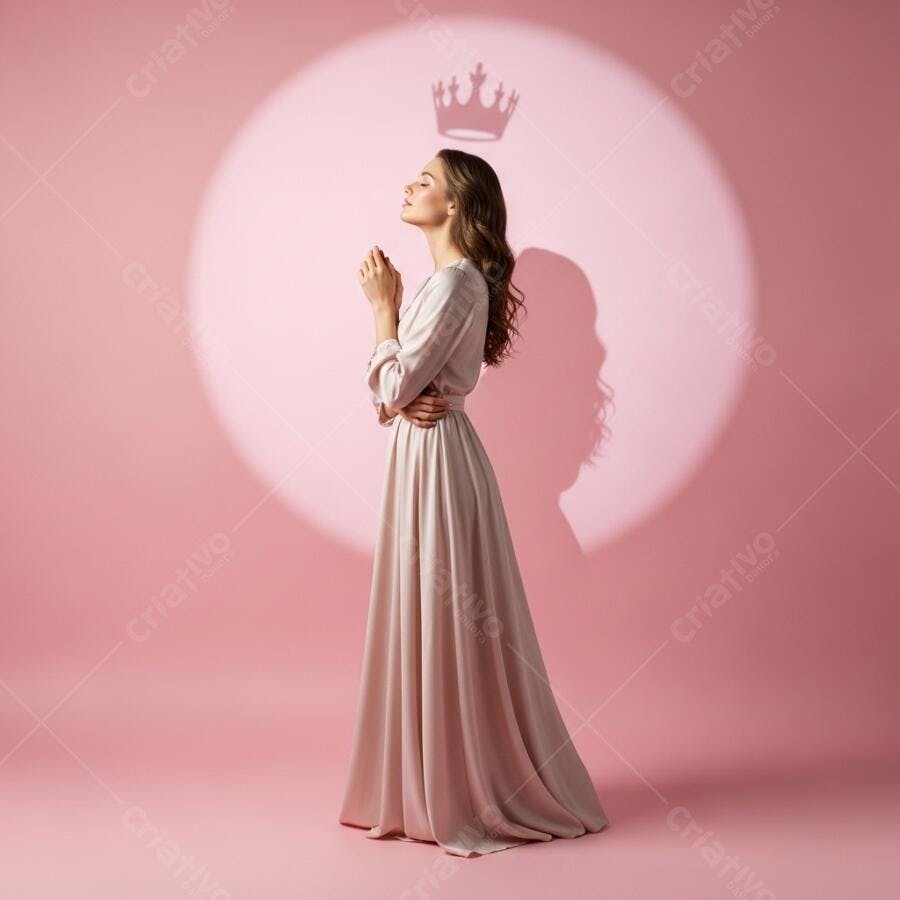 Foto Mulher Vestido Rosa Elegante Coroa Iluminada Estúdio