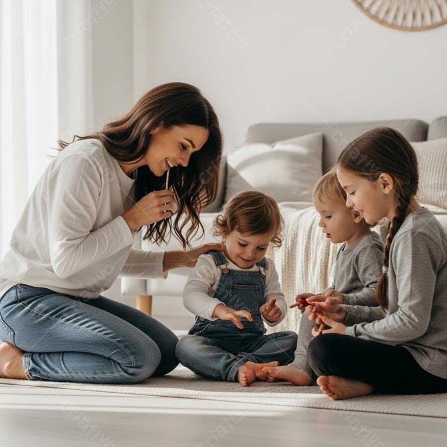 Foto Família Brincando Crianças Mãe e Filhos em Casa