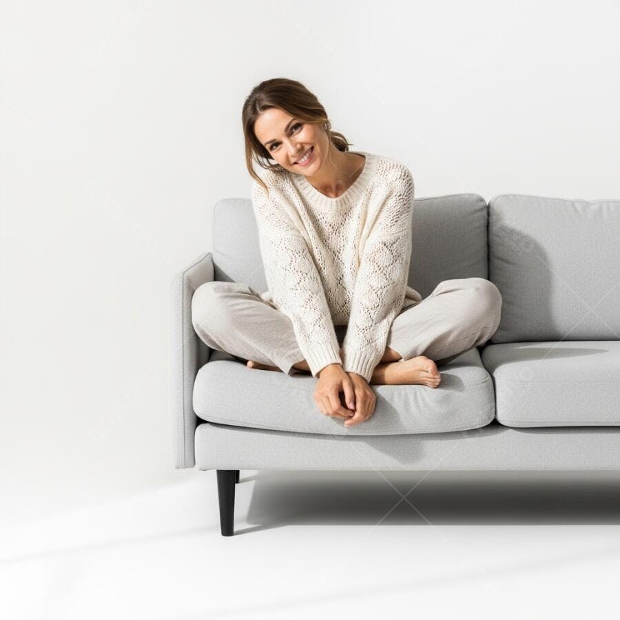 Foto Mulher Jovem Sorrindo Sentada Confortavelmente Sofá Claro