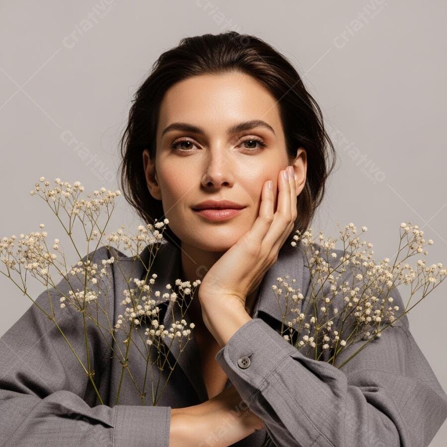 Foto Retrato Mulher Jovem Flores Gipsofila Estúdio Fundo Cinza