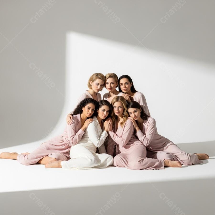 Foto Mulheres Diversas Pijama Sentadas Estúdio Fundo Branco