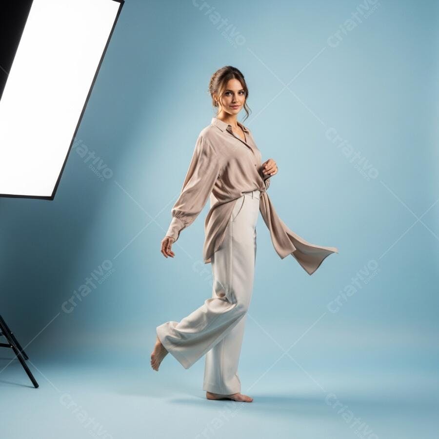 Foto Mulher Jovem Posa Estúdio Fundo Azul Iluminação Profissional