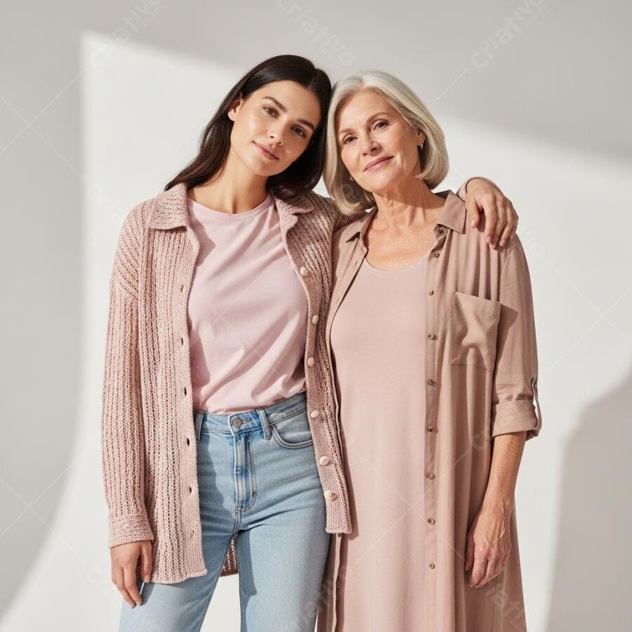 Foto Mulher Jovem e Idosa Abraçadas Sorrindo Fundo Neutro