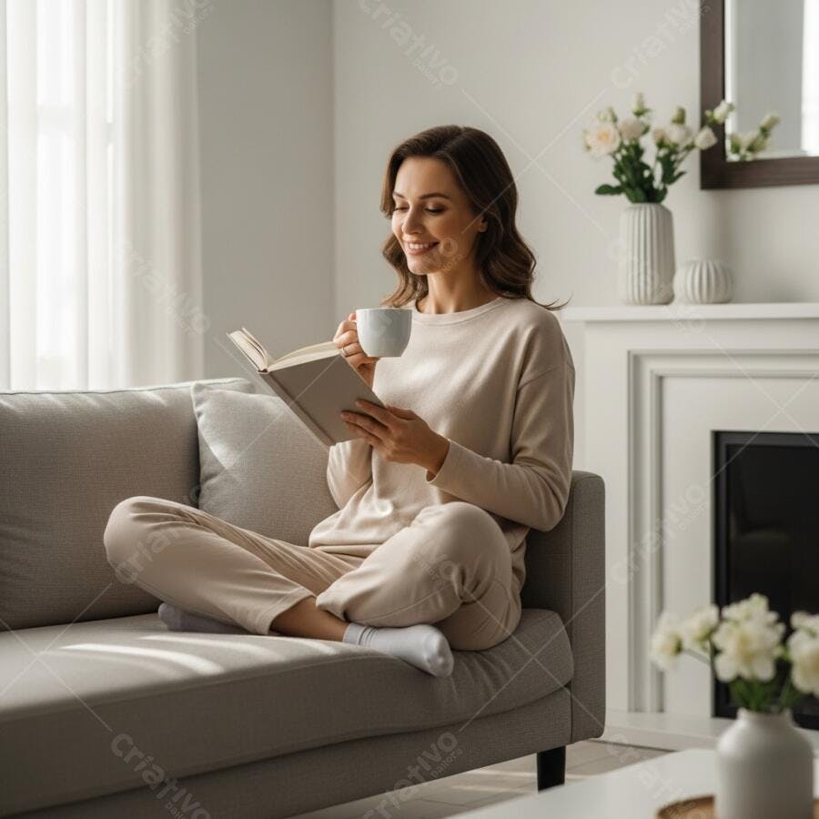 Foto Mulher Jovem Lendo Livro Sofá Sala de Estar Aconchegante