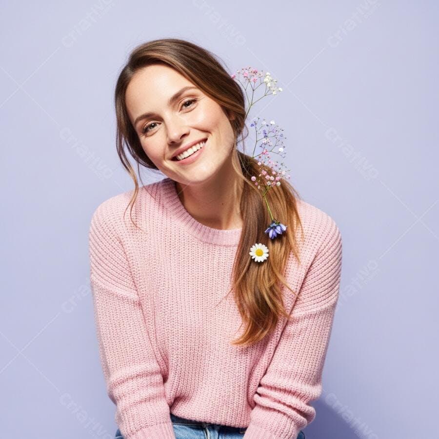 Foto Mulher Jovem Sorrindo Flores Cabelo Fundo Roxo