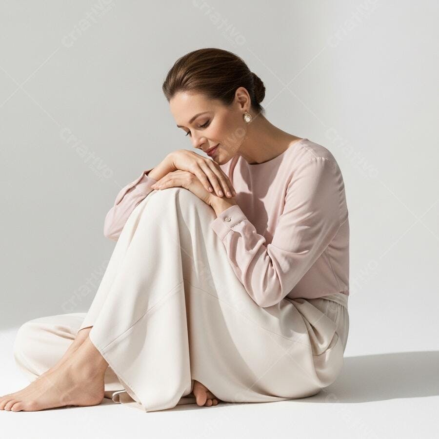 Foto Mulher Jovem Sentada Calma Serena Fundo Branco Estúdio