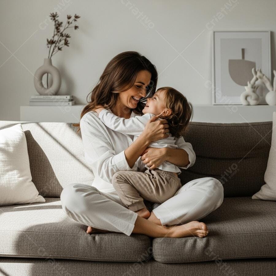Foto Mãe e Filha Sorrindo Abraçadas Sofá Sala de Estar