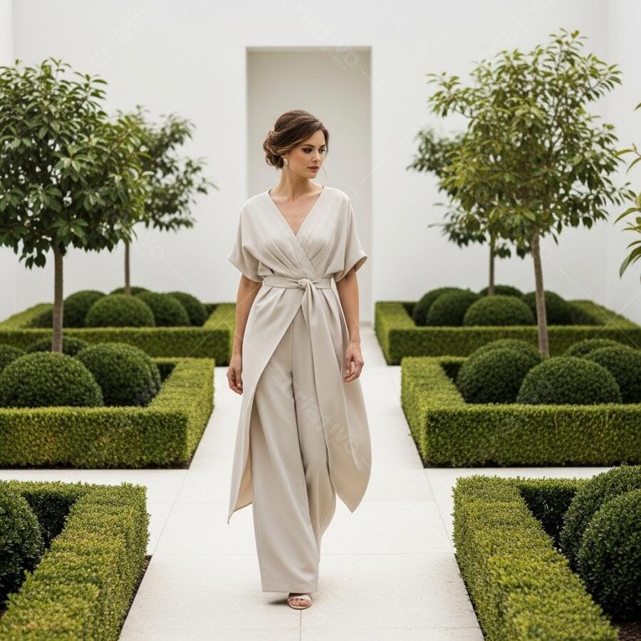 Foto Mulher Elegante Caminhando Jardim Formal Minimalista