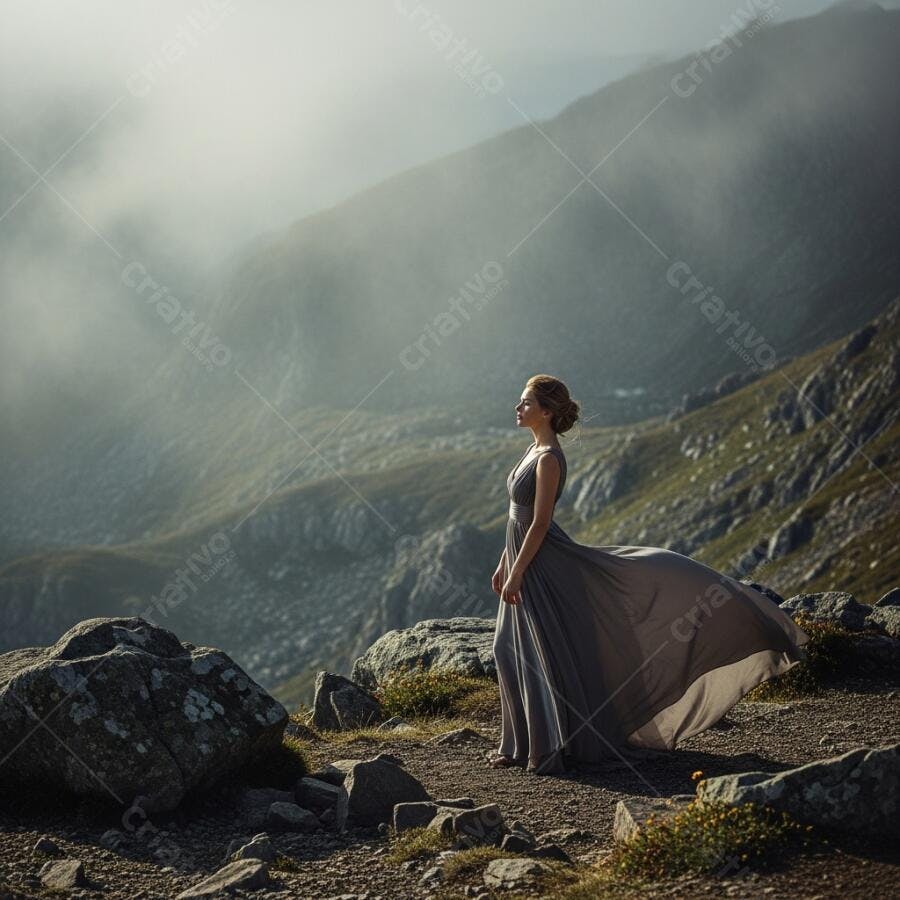 Foto Mulher Vestido Longo Montanhas Nebulosas Natureza