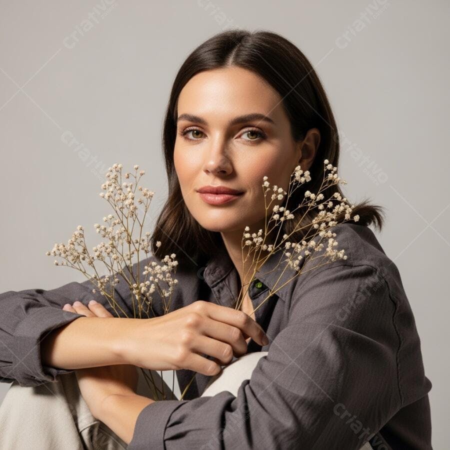 Foto Retrato Mulher Jovem Segurando Flores Brancas Delicadas