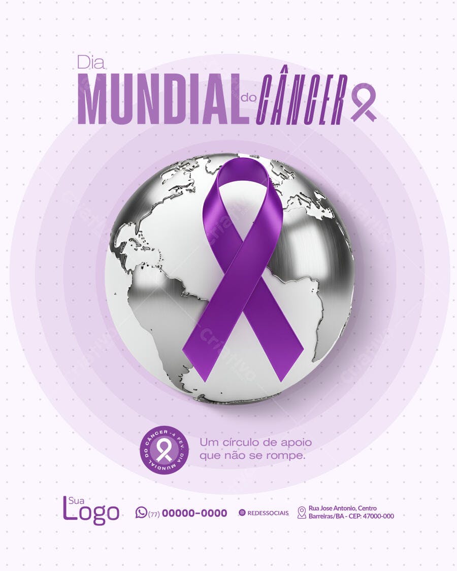 Post Dia Mundial do Câncer Laço Roxo PSD Editável
