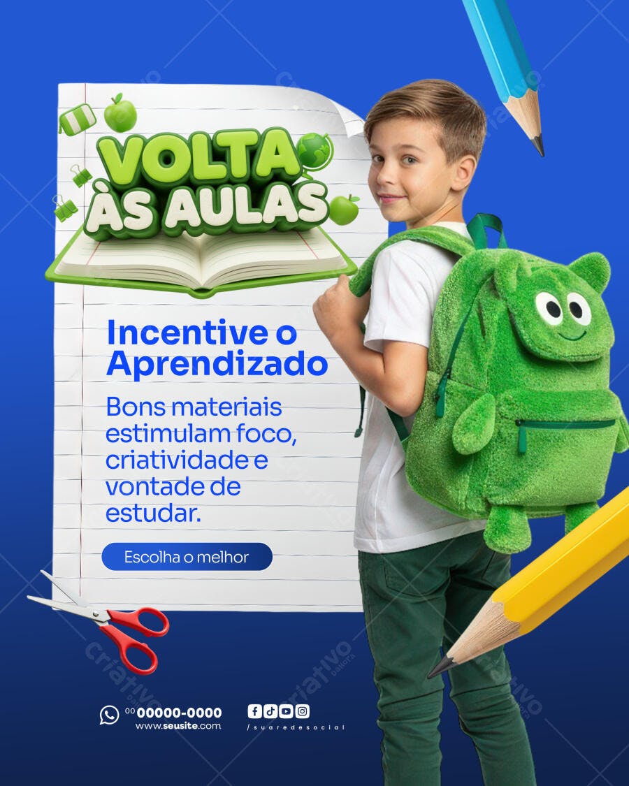 Post Instagram Volta às Aulas Material Escolar PSD Editável