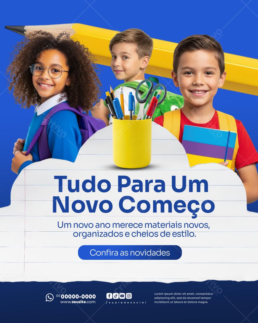 Post Instagram Volta às Aulas Material Escolar PSD Editável