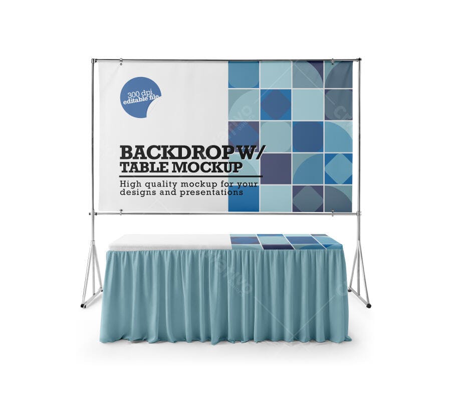 Mockup Backdrop e Mesa com Saia Azul Frontal Editável