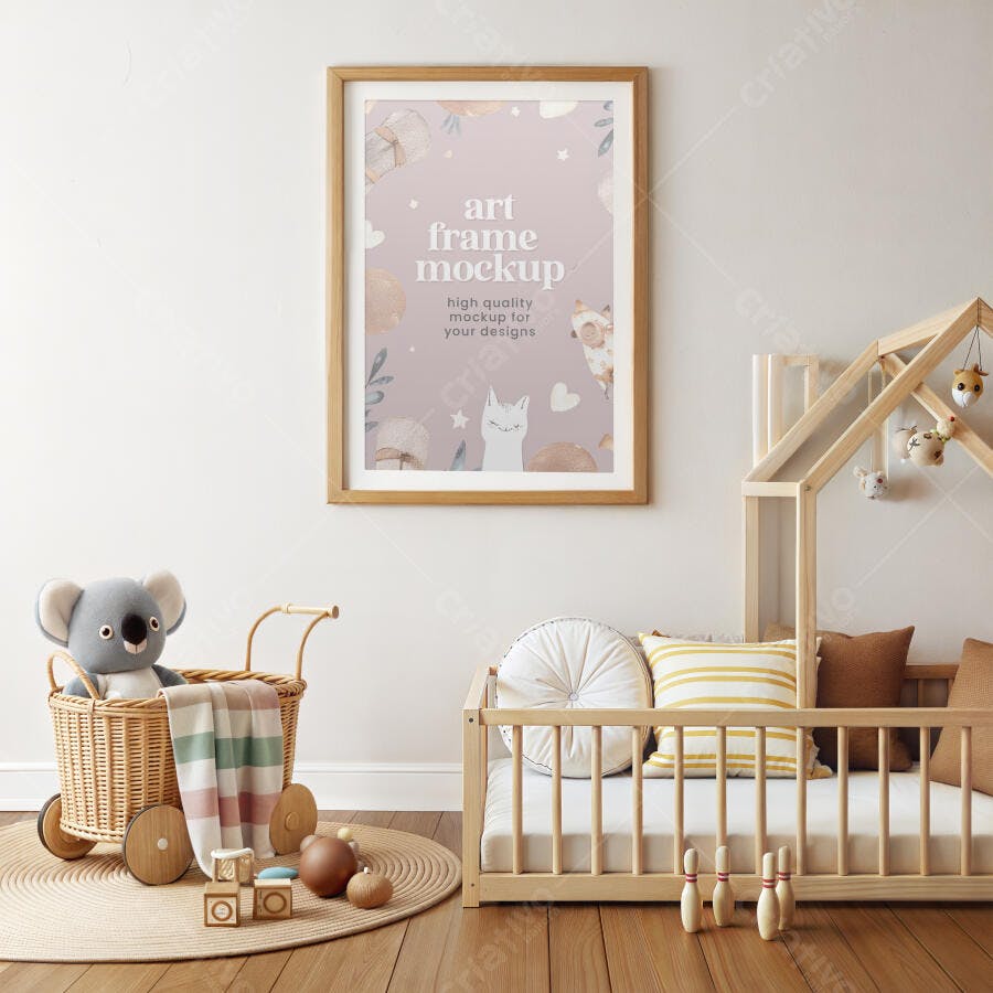 Mockup Quadro Infantil Moldura Madeira Quarto Bebê Editável