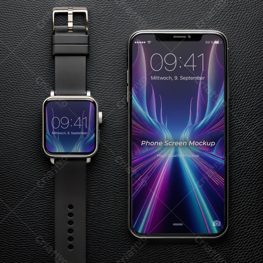 Mockup Smartphone e Smartwatch Fundo Couro Preto Editável