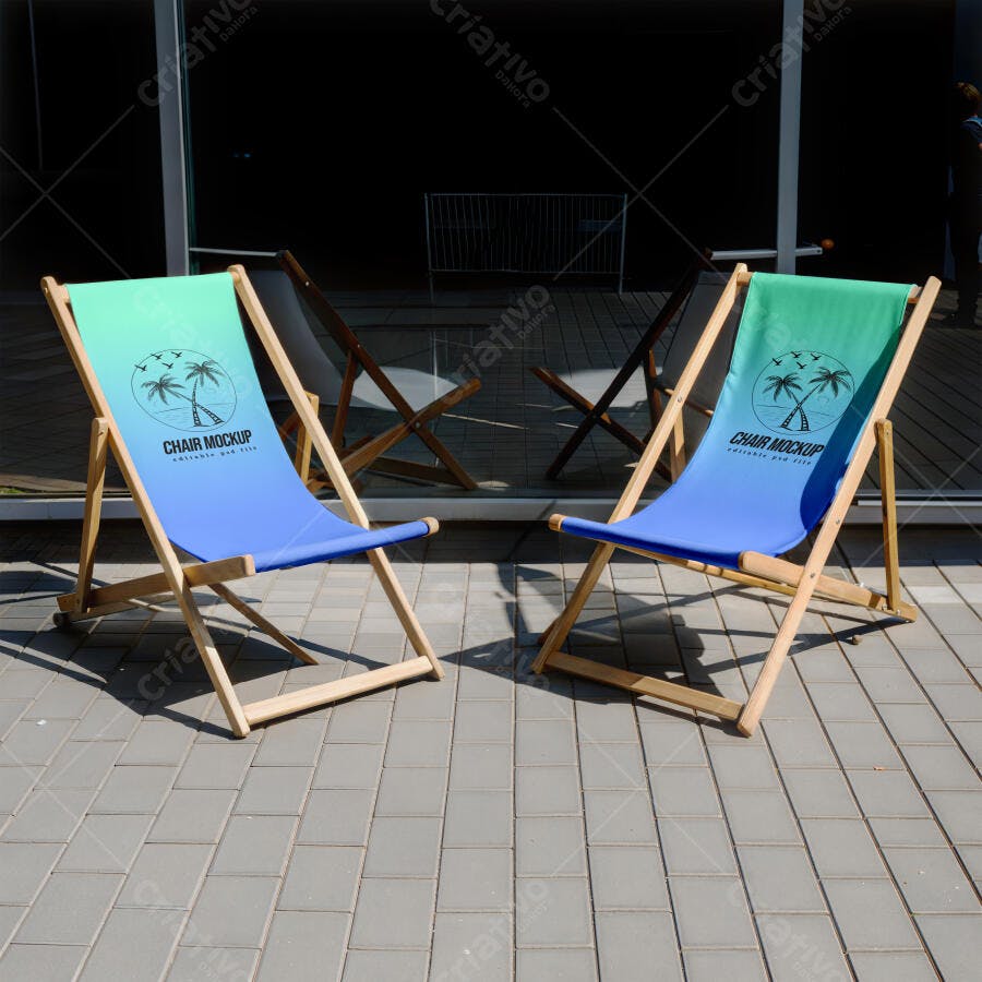 Mockup Cadeira de Praia Deck Chair Duas Unidades Editável
