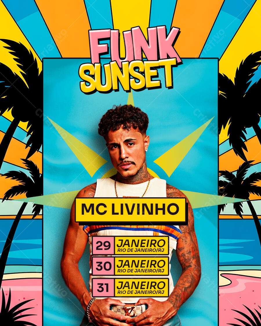 Flyer Funk Sunset Janeiro MC Livinho PSD Editável