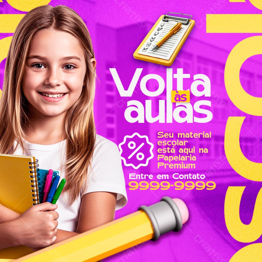Post Instagram Volta às Aulas Papelaria PSD Editável