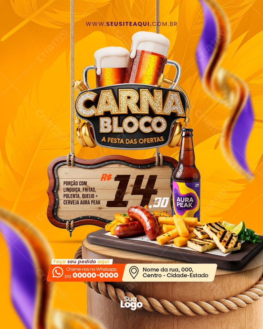 Post Instagram Carnabloco Ofertas Bar e Lanchonete PSD Editável