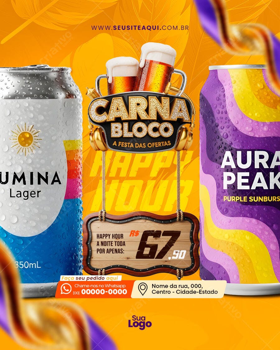 Post Instagram Carnaval Cervejaria Happy Hour PSD Editável