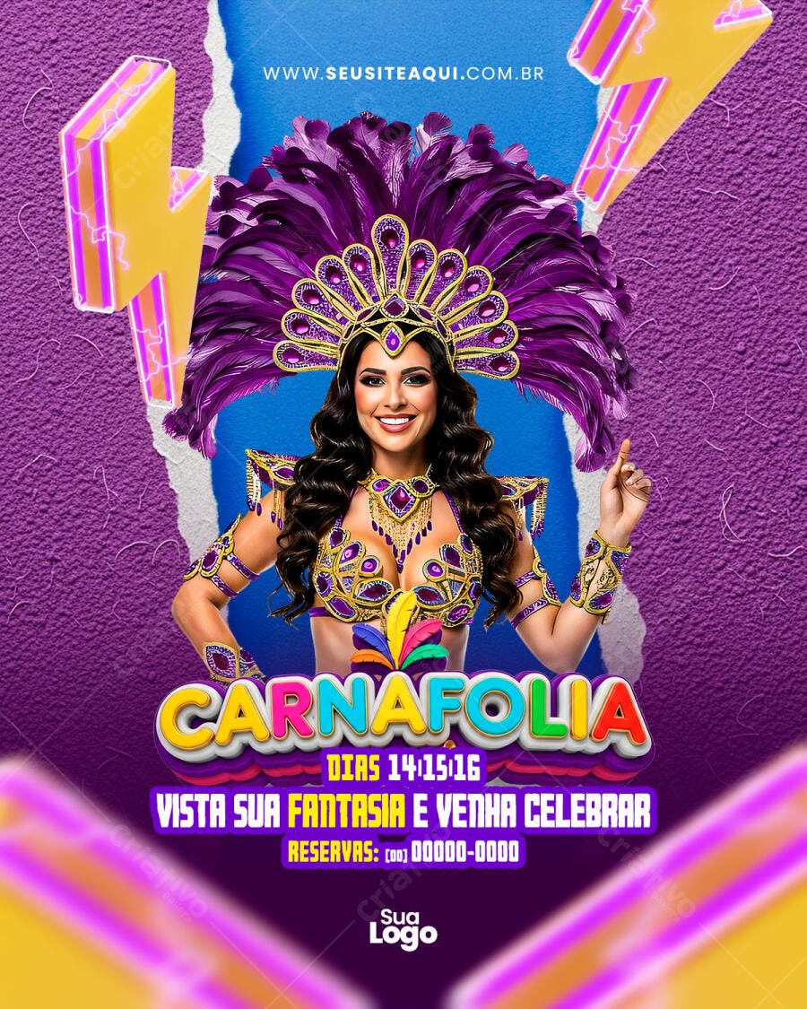 Flyer Carnaval Fevereiro Festa Carnafolia PSD Editável