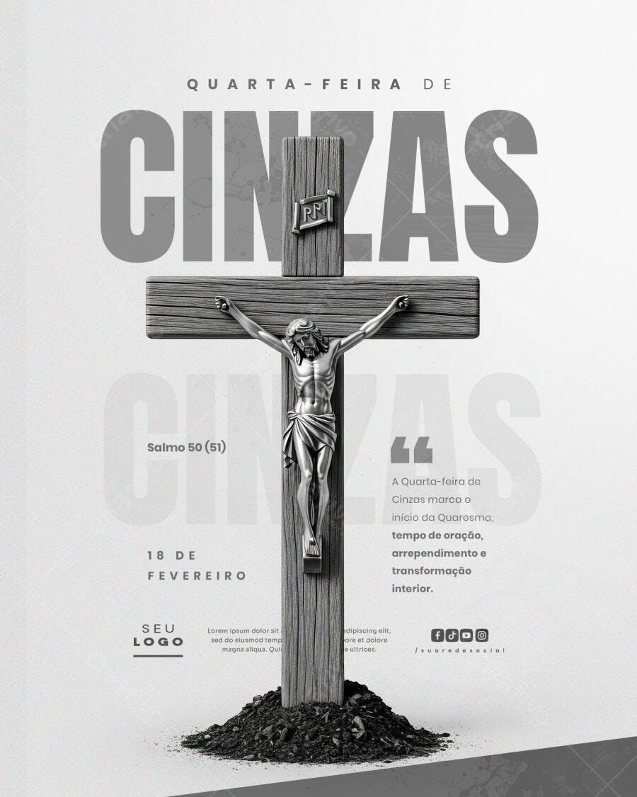 Post Quarta-feira de Cinzas Igreja Católica PSD Editável