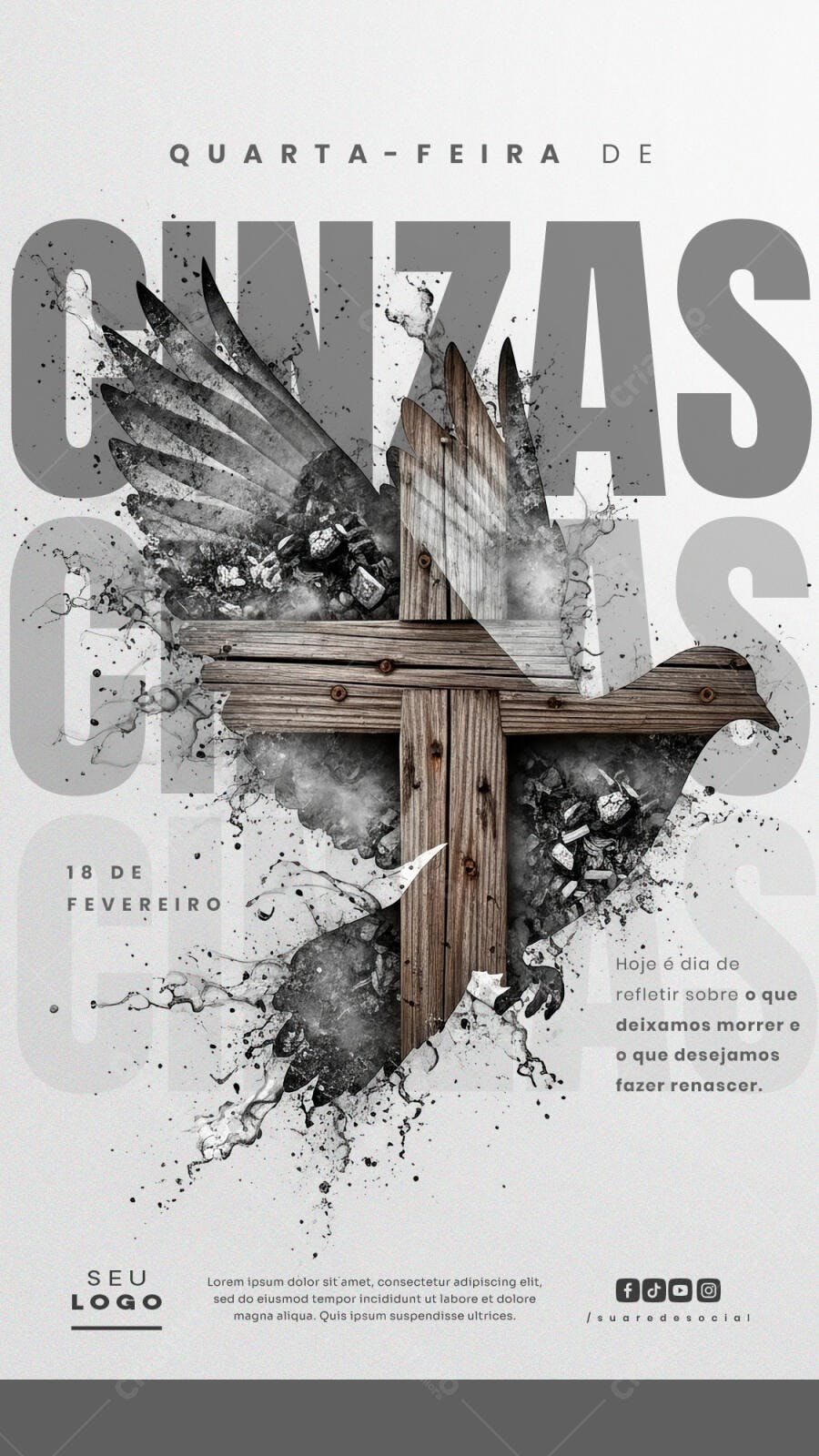 Story Quarta-feira de Cinzas Cruz e Asas PSD Editável