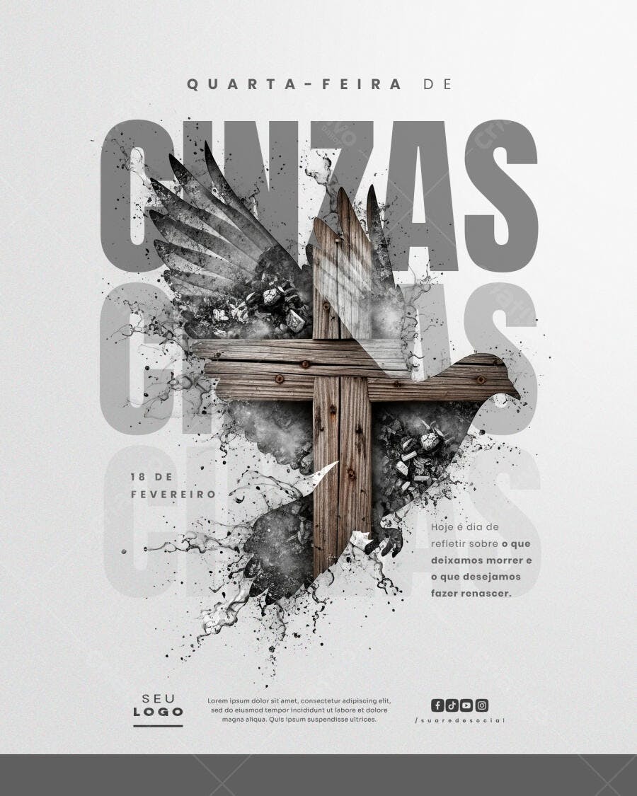 Flyer Quarta-feira de Cinzas Cruz e Asas PSD Editável